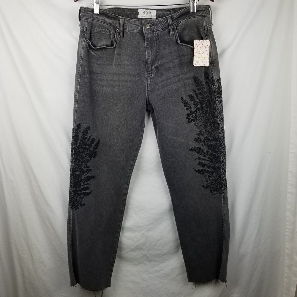 Free People Grey Jeans Womens 30 Embroidered